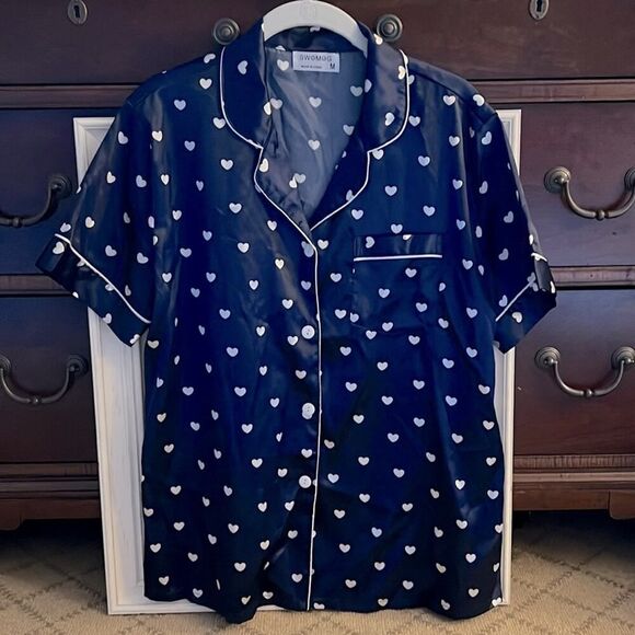 Swomog navy satin pajama set w white stars. M NWOT - Picture 2 of 8